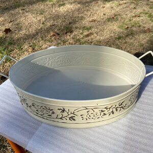 Cream-Colored Rose Vine Oval Metal Serving or Decorative Tray 3" X 8" X 12"